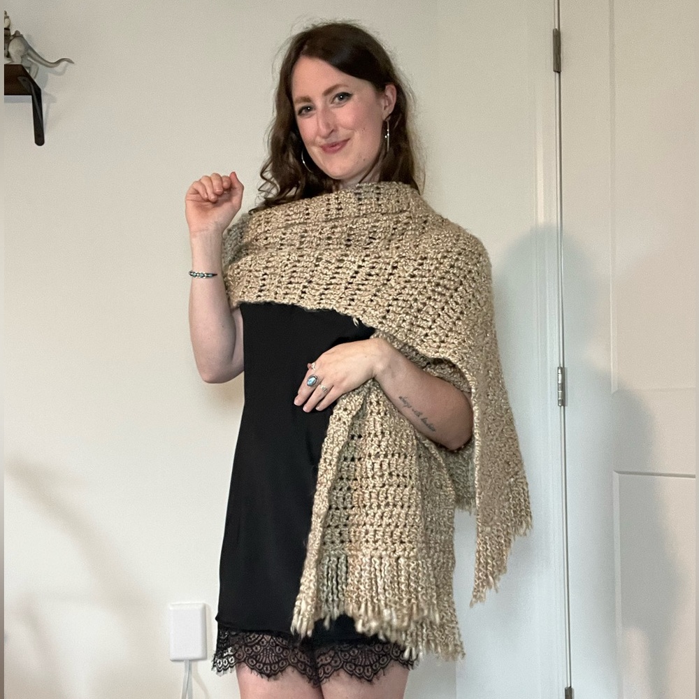 Handmade Crochet Knit Shawl Wrap – Beige Cream Tan with Fringe - Soft & Warm‎ 🦙